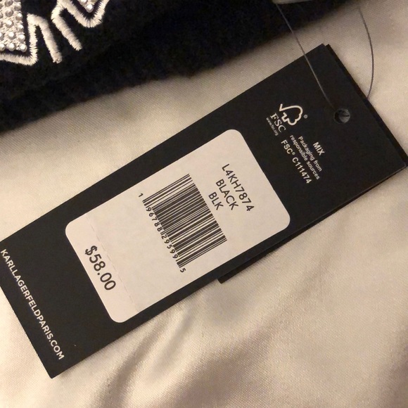 Karl Lagerfeld Paris Black Ribbed Beanie Karl Patch Black Faux Fur Pom OS NWT - Picture 5 of 15